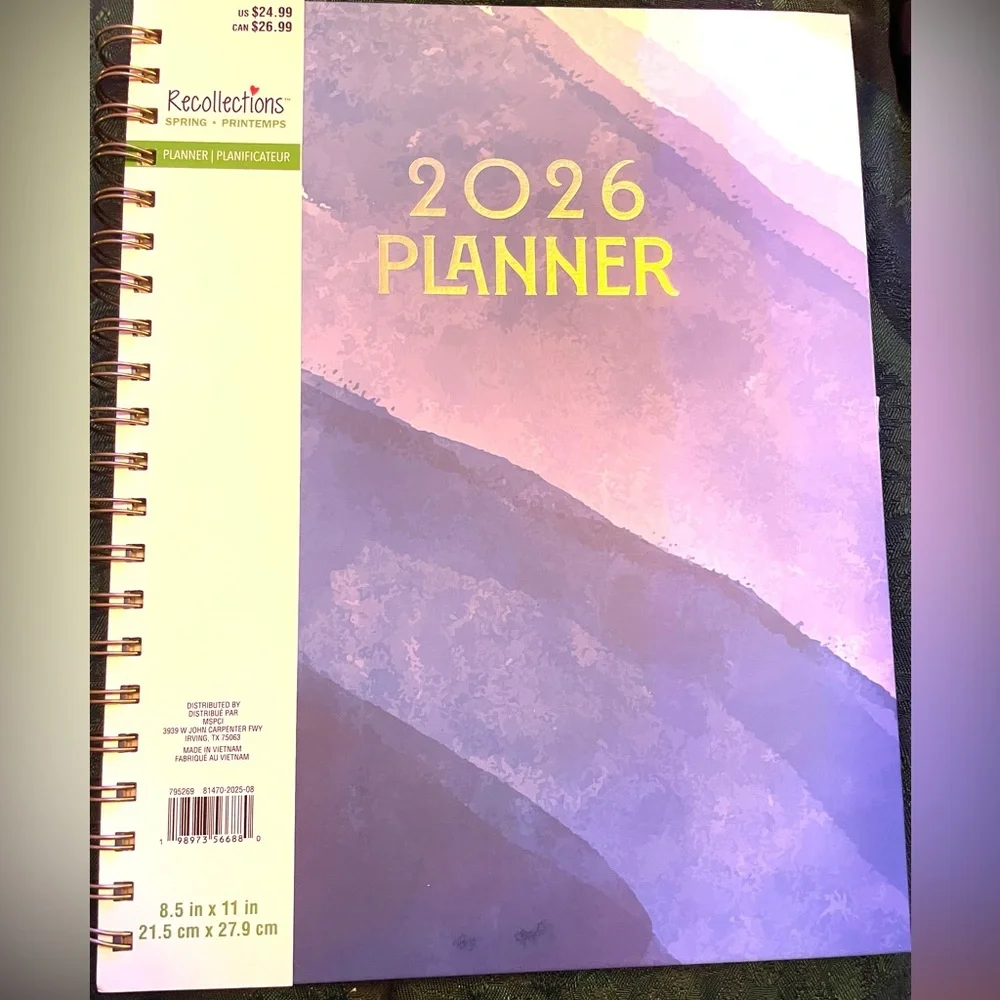 Hardcover Large 2026 Organizational Planner, Monthly and Weekly, Blue Watercolor